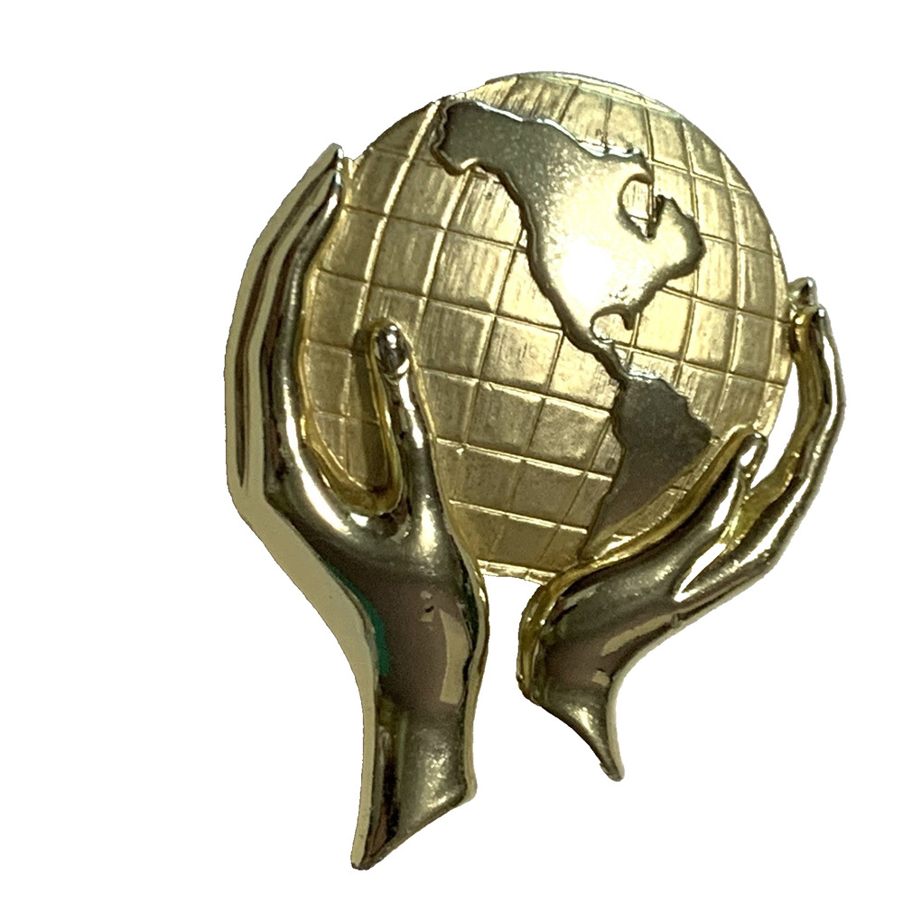 Vintage Gold Tone Hands Holding Globe Brooch Christian Religious World Pin